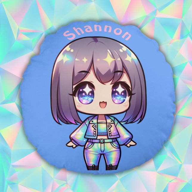 Cojín Redondo Cute Chibi Monograma Holográfico sobre Azul | (Subido por el creador)