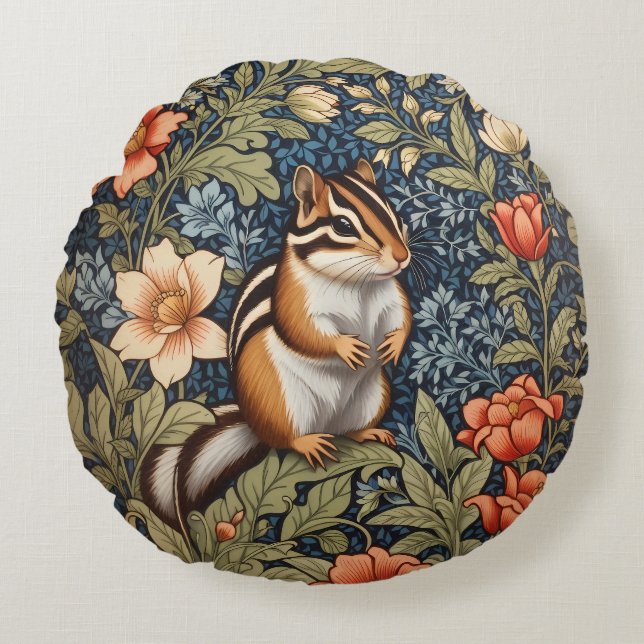 Cojín Redondo Cute Chipmunk William Morris Inspiró Floral (Anverso)
