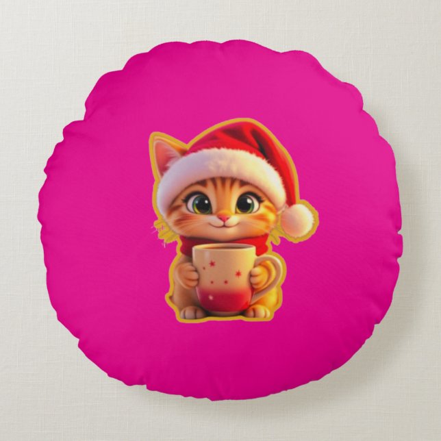 Cojín Redondo **Cute Christmas Cat with Santa Hat – Funny Holida (Anverso)