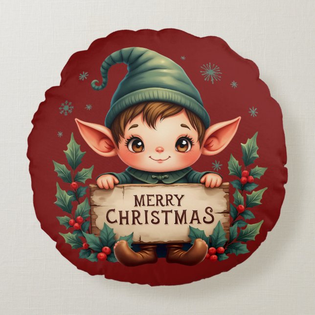 Cojín Redondo Cute Christmas Elf Holding Merry Sign (Anverso)