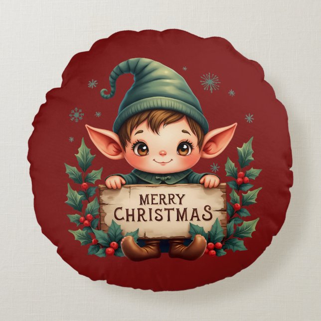 Cojín Redondo Cute Christmas Elf Holding Merry Sign Red (Anverso)