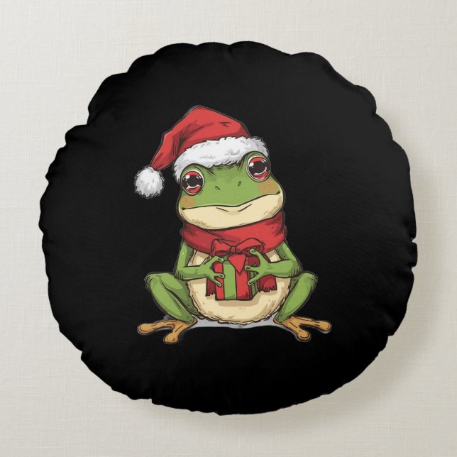 Cojín Redondo Cute Christmas Frog Sweater - Santa Frog Holding G (Anverso)