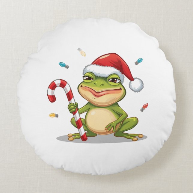 Cojín Redondo Cute Christmas Frog With Candy Cane - Funny Holida (Anverso)