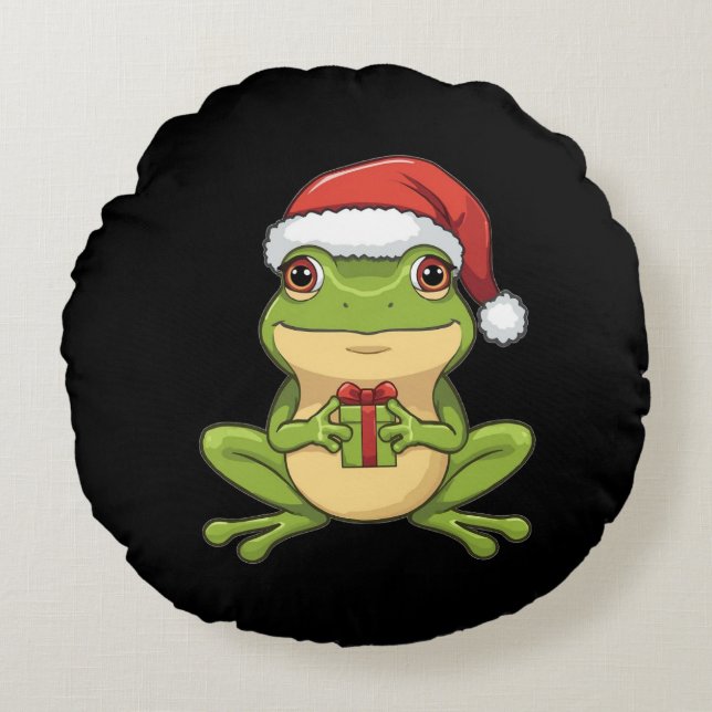 Cojín Redondo Cute Christmas Frog with Santa Hat Holding  Gift - (Anverso)
