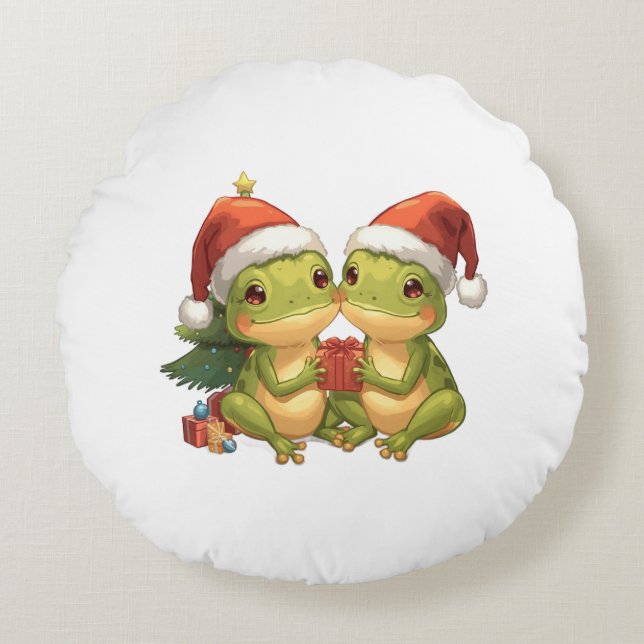 Cojín Redondo Cute Christmas Frogs Holding Gifts  Adorable Holid (Anverso)