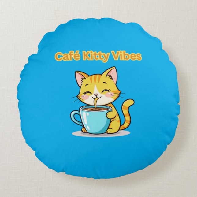 Cojín Redondo **Cute Coffee Cat – Adorable Cat Drinking Coffee I (Anverso)