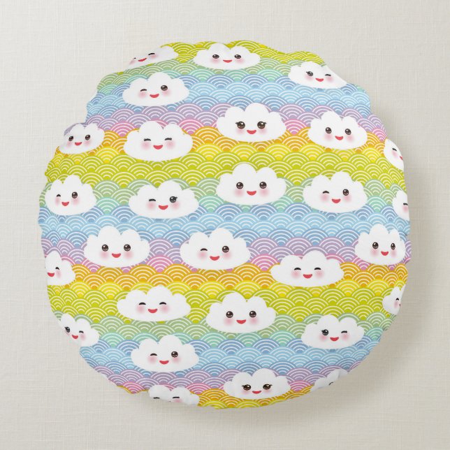 Cojín Redondo Cute Colorido Patrón de Nubes Emoji Kawaii (Anverso)