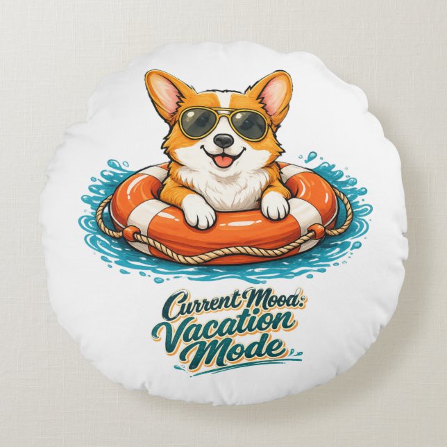 Cojín Redondo Cute Corgi "Vacation Mode" Summer Design (Anverso)