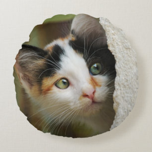 Cojín Redondo Cute Curioso Gatito Pintando, suave