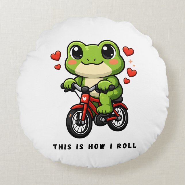 Cojín Redondo Cute Cycling Frog | Kawaii Frog Bicycle Art (Anverso)