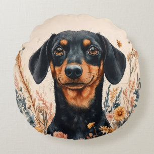 Cojín Redondo Cute Dachshund con pintura de flores silvestres