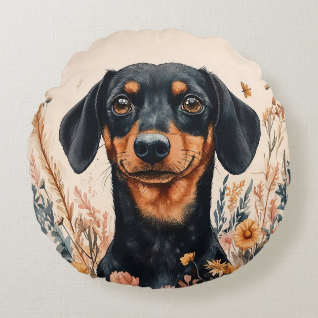 Cojín Redondo Cute Dachshund con pintura de flores silvestres (Anverso)