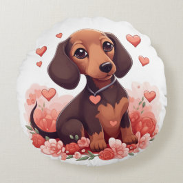 Cojín Redondo Cute Dachshund Cuppy con Corazones