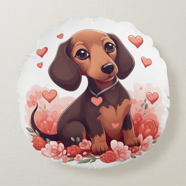Cojín Redondo Cute Dachshund Cuppy con Corazones (Anverso)
