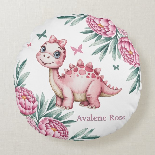 Cojín Redondo Cute Dinosaur with Butterflies Baby Shower Gift (Anverso)