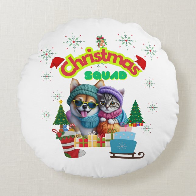 Cojín Redondo Cute dog and cat Christmas squad design  (Anverso)