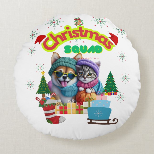 Cojín Redondo Cute dog and cat Christmas squad design  (Anverso)