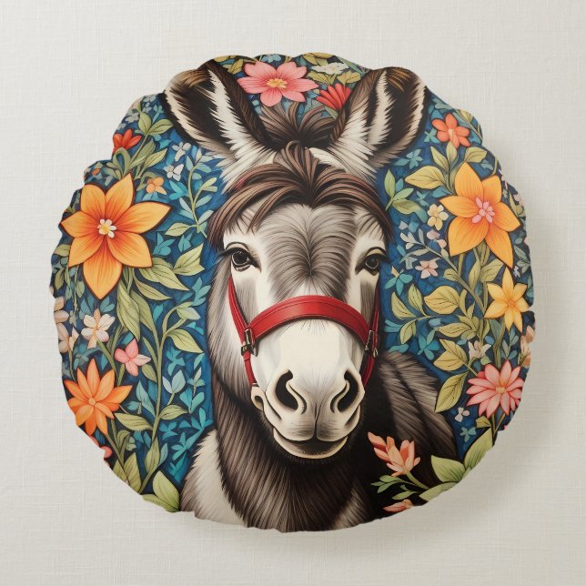 Cojín Redondo Cute Donkey On Colorful Floral Background (Anverso)
