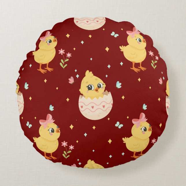 Cojín Redondo Cute Easter Chick with Pink Bow Seamless Pattern  (Anverso)
