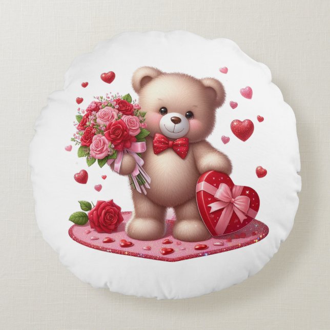 Cojín Redondo Cute El día de San Valentín Teddy Bear (Anverso)