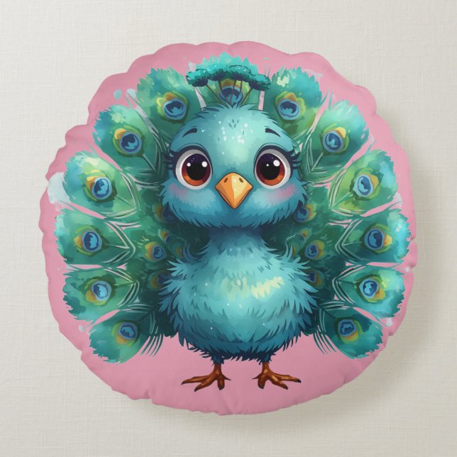 Cojín Redondo Cute Fantasy whimsical Blue Peacock (Anverso)