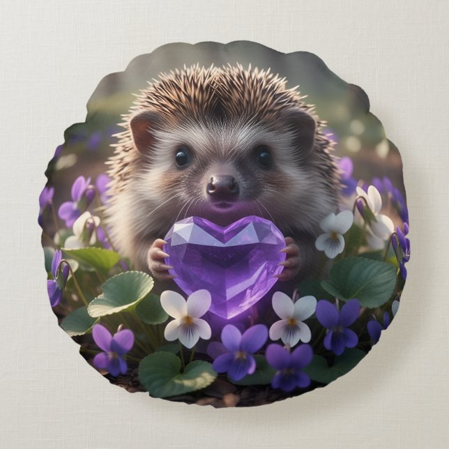 Cojín Redondo Cute February Hedgehog with Amethyst Heart (Anverso)
