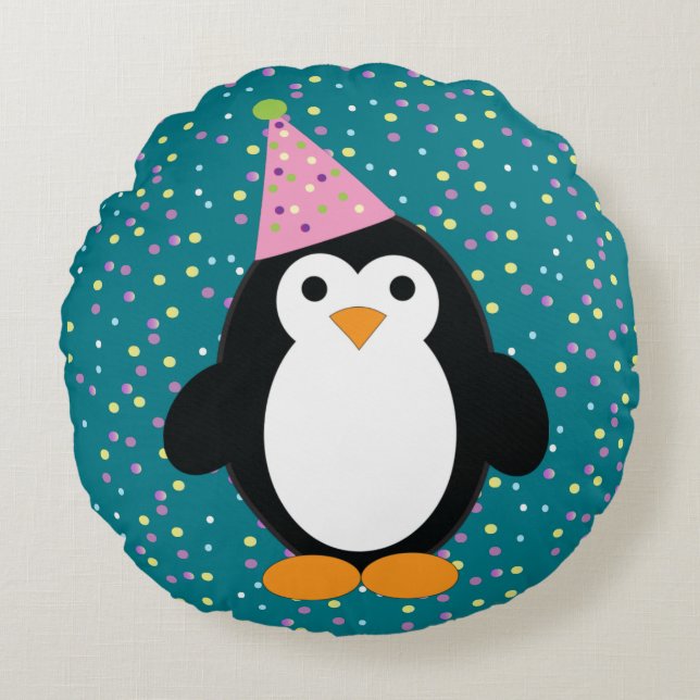 Cojín Redondo Cute Fiesta Penguin (Anverso)