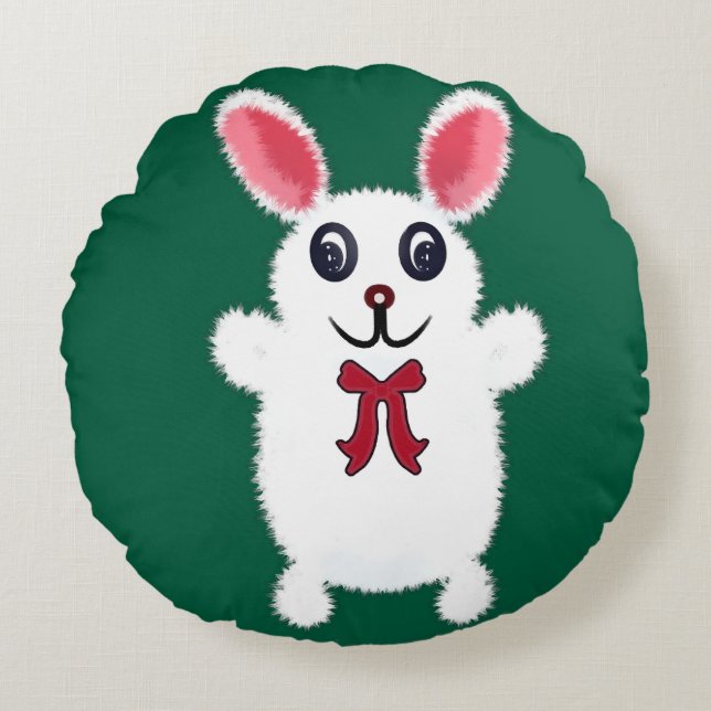 Cojín Redondo Cute Fluffy White Bunny Rabbit with Red Bow - Chri (Anverso)