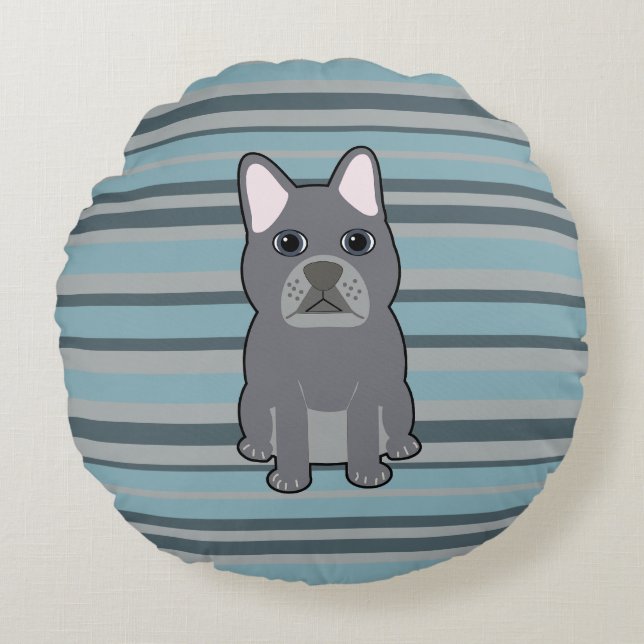 Cojín Redondo Cute French Bulldog Blue Striped (Anverso)