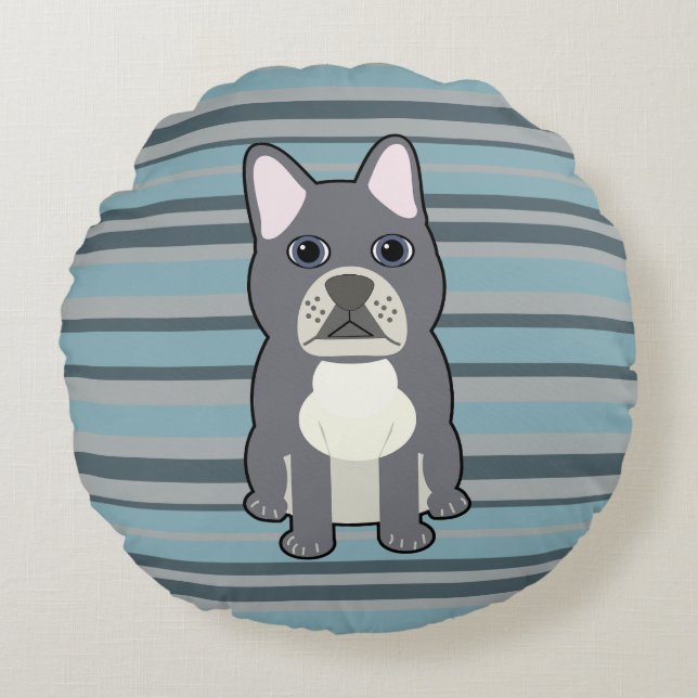 Cojín Redondo Cute French Bulldog Blue Striped (Anverso)
