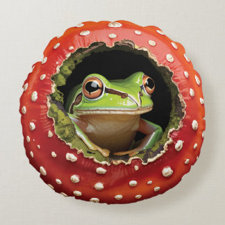 Cojín Redondo Cute Frog in Mushroom – Whimsical Cottagecore Frog