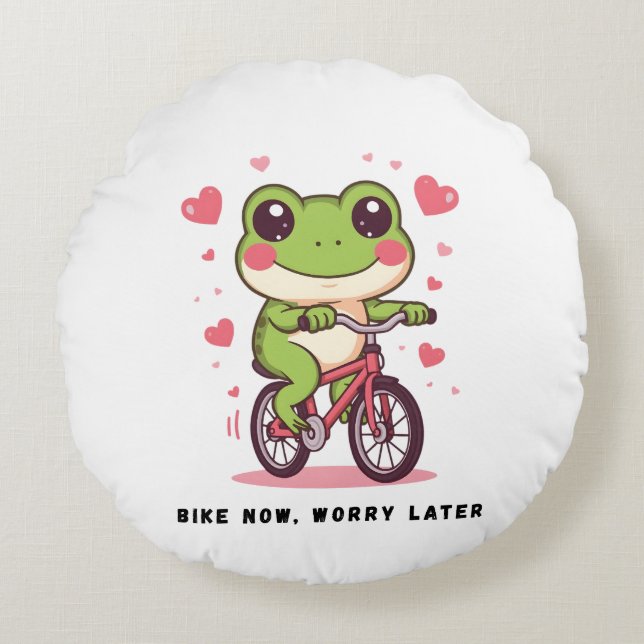 Cojín Redondo Cute Frog Riding Bicycle | Funny Frog Lover Gift (Anverso)