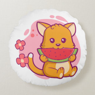 Cojín Redondo Cute gato comiendo sandía Kawaii