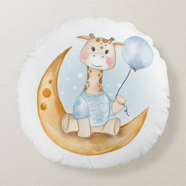 COJÍN REDONDO CUTE GIRAFFE CON BALLÓN AZUL EN LA LUNA (Anverso)