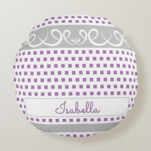 Cojín Redondo Cute Girly Purple Polka Dots & Swirls Script Name