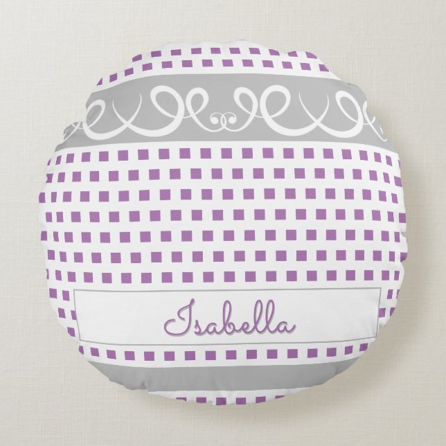 Cojín Redondo Cute Girly Purple Polka Dots & Swirls Script Name (Anverso)