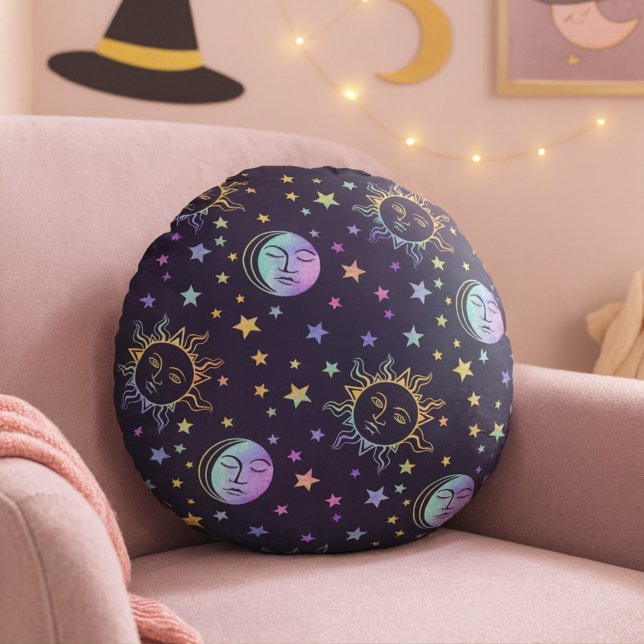Cojín Redondo Cute Girly Stars Sun Y Moon Bonito Magic Purple (Subido por el creador)