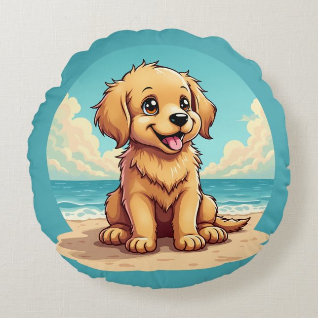 Cojín Redondo Cute Golden Puppy at Sunny Beach Scene (Anverso)