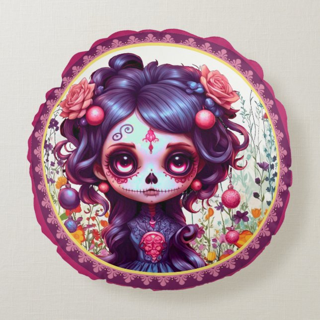 Cojín Redondo Cute Gothic Garden Sugar Skull (Anverso)