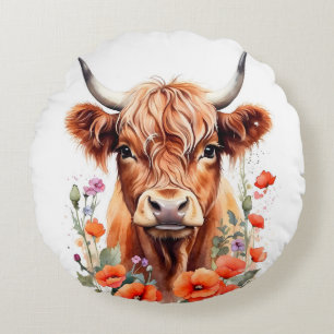 Cojín Redondo Cute Highland Cow Y Flores De Adormidera