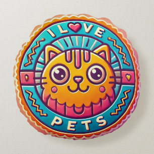 Cojín Redondo Cute insignia de gato neon