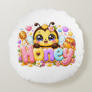 Cojín Redondo Cute Kawaii Abeja Miel Nombre Pastel Rosa Brillant