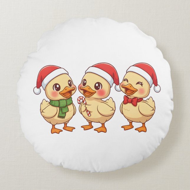 Cojín Redondo Cute Kawaii Christmas Ducks | Festive Holiday  (Anverso)