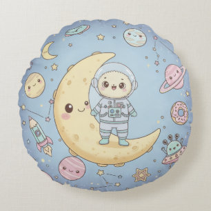 Cojín Redondo Cute Kawaii Espacio - Astronauta y Luna Sonriente
