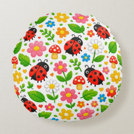 Cojín Redondo Cute Ladybugs Floral Kids with Flowers and Leaves