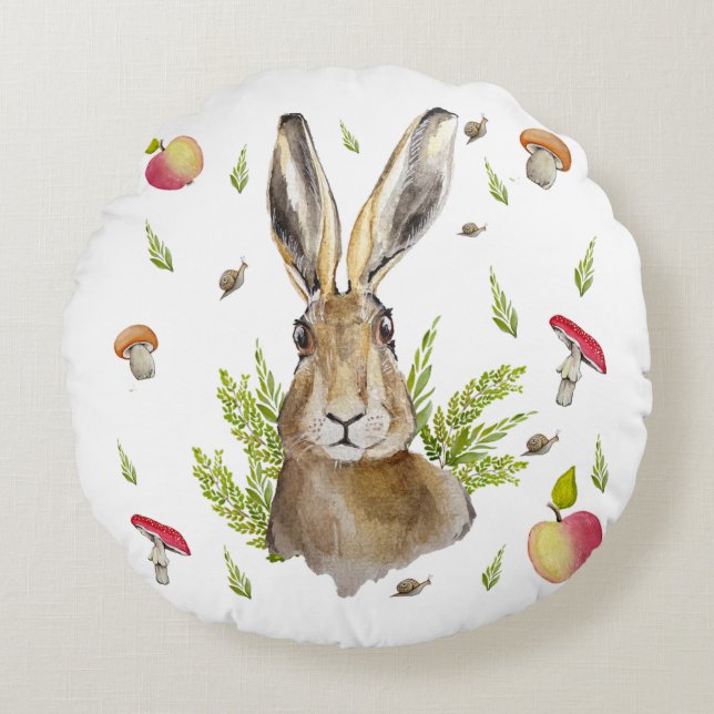 Cojín Redondo Cute liebre con fondo de manzanas y champiñones (Anverso)