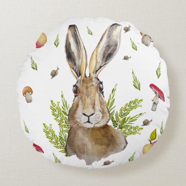 Cojín Redondo Cute liebre con fondo de manzanas y champiñones (Anverso)
