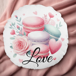 Cojín Redondo Cute Macarón y Corazones Rosados y Blancos 