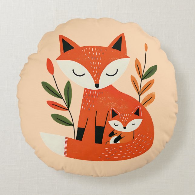 Cojín Redondo Cute Mama Fox& Baby Cub Whimsical Woodland Nursery (Anverso)