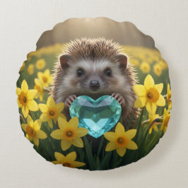 Cojín Redondo Cute March Hedgehog with Aquamarine Heart